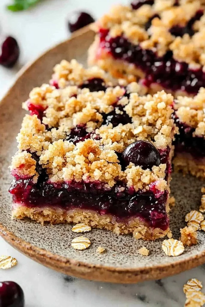 Delicious homemade cherry pie crumb bars topped with crumbles and fresh cherries.