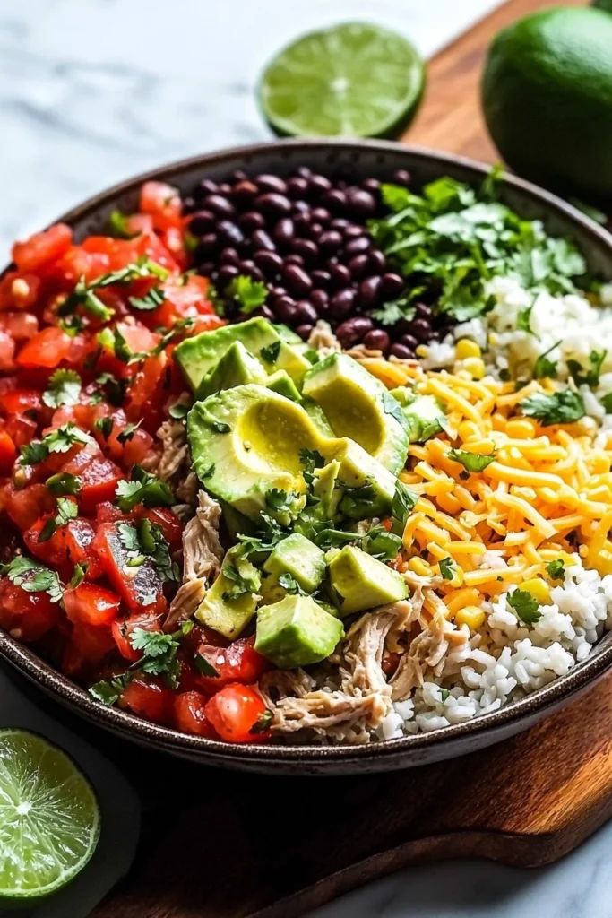 Delicious Chicken Burrito Bowl with rice, beans, chicken, guacamole, and fresh toppings.