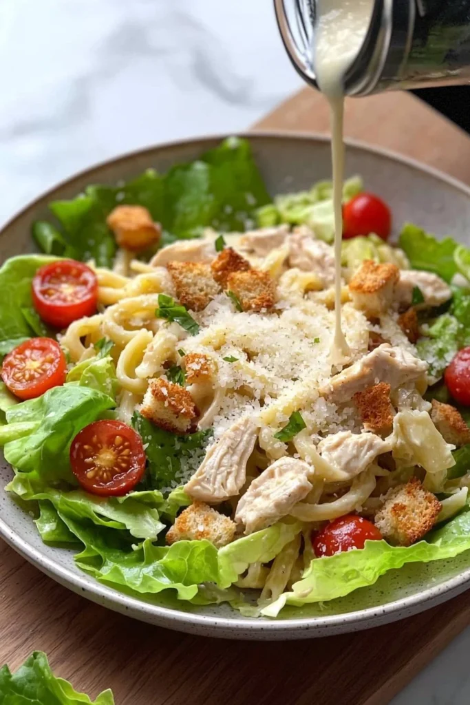 Delicious Chicken Caesar Pasta Salad in a bowl with croutons and dressing