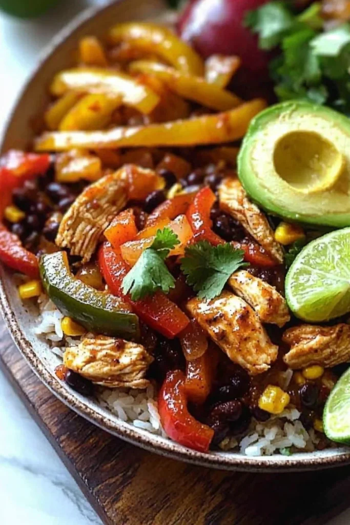 Chicken Fajita Burrito Bowl topped with fresh ingredients and zesty flavors