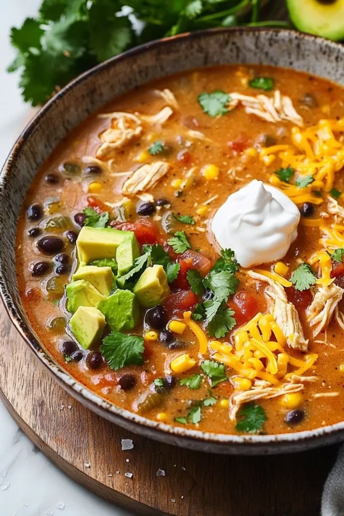 Bowl of hearty Chicken Taco Soup garnished with fresh cilantro and tortilla chips
