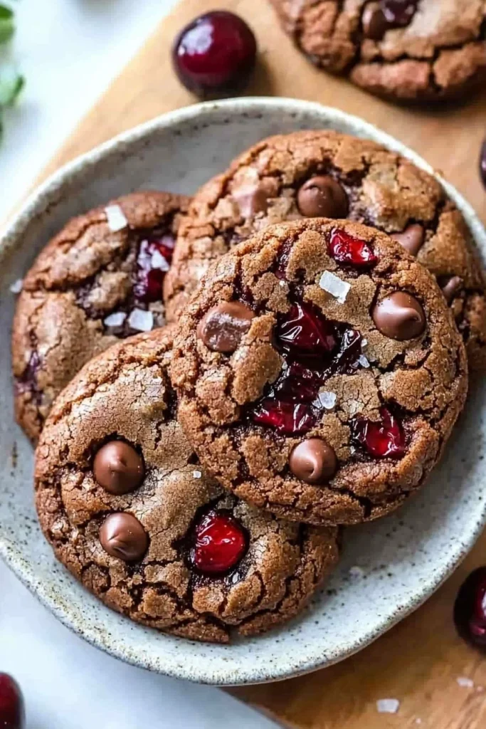 Freshly baked Chocolate Cherry Cookies with chocolate chips and cherries