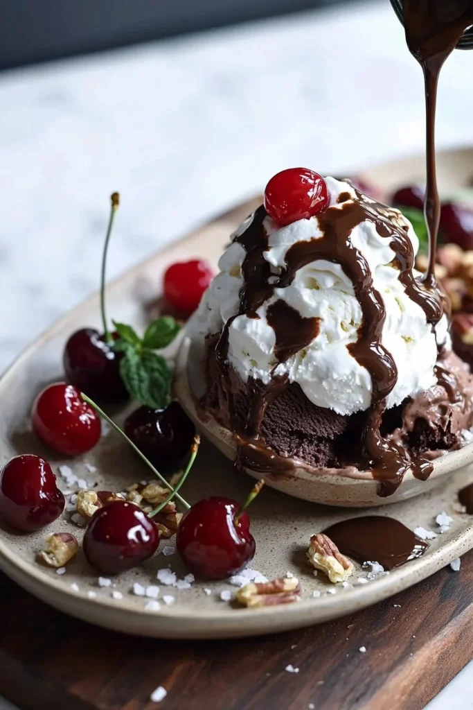 Delicious chocolate cherry ice cream sundae with whipped cream and cherry on top
