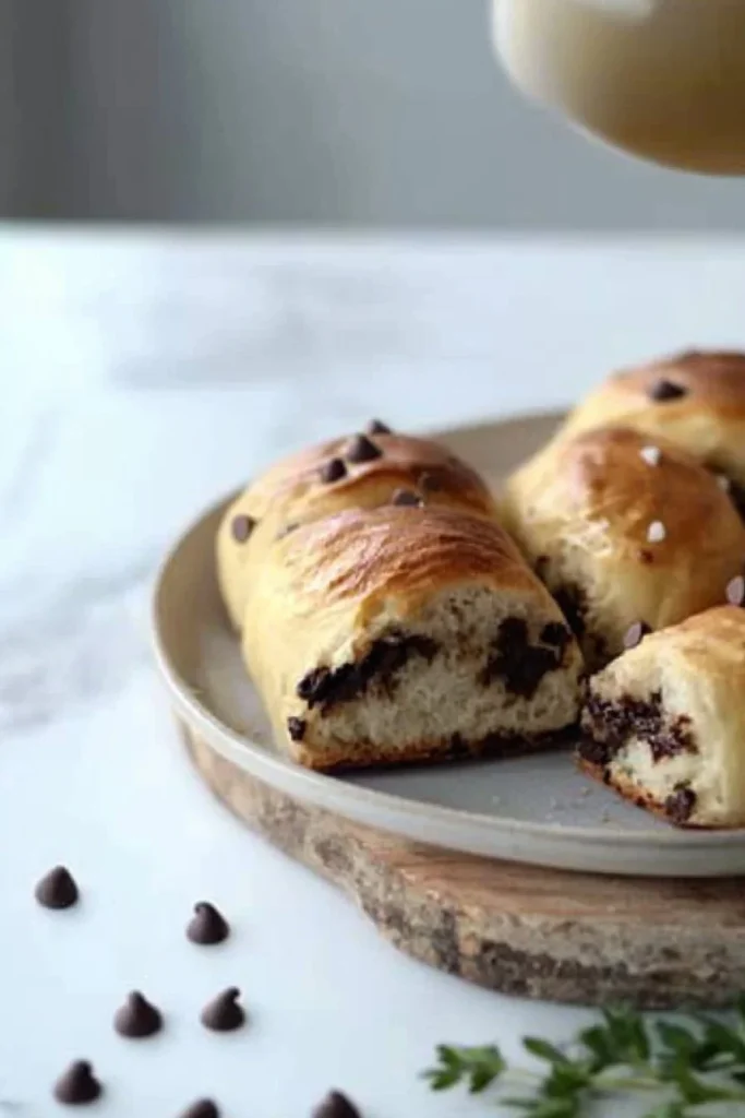 Freshly baked chocolate chip milk buns on a wooden table