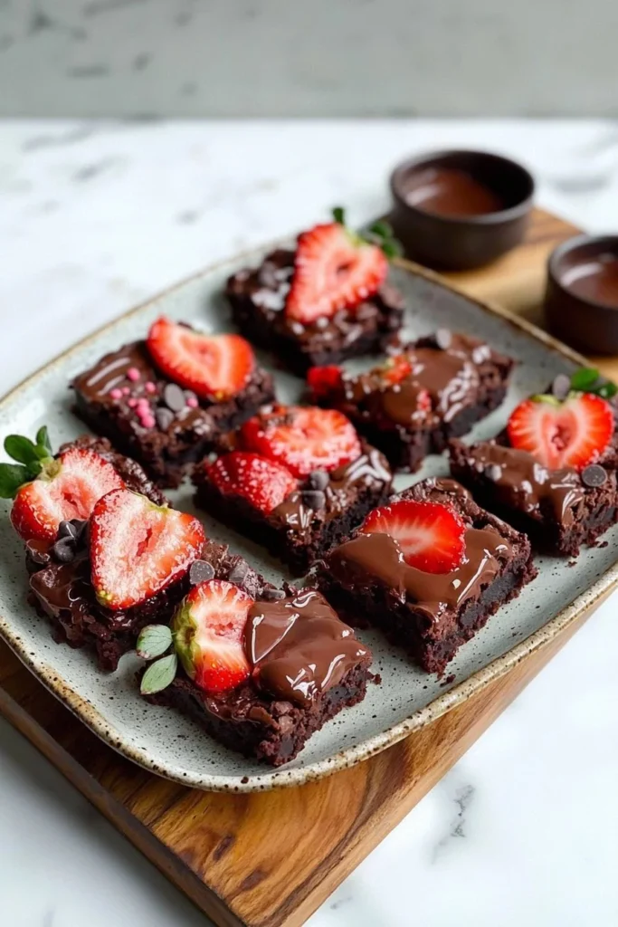 Delicious chocolate covered strawberry brownies on a wooden plate