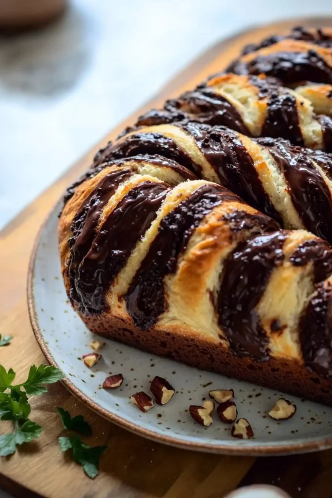Chocolate Hazelnut Swirl Celebration Bread featuring rich chocolate and hazelnuts