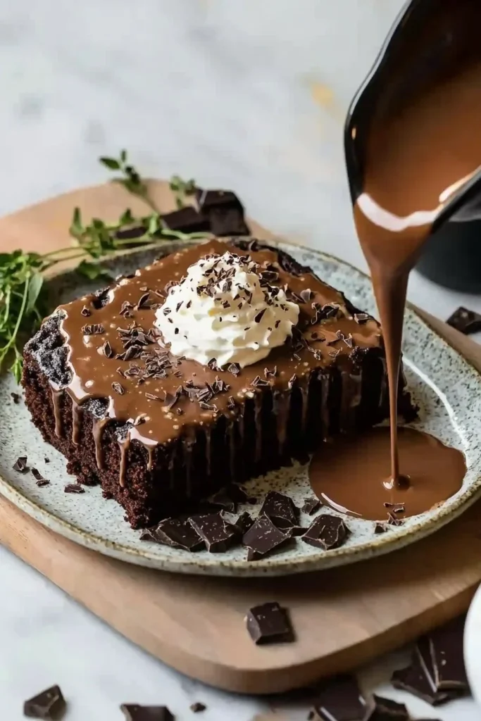 Delicious Chocolate Poke Cake topped with chocolate sauce and whipped cream