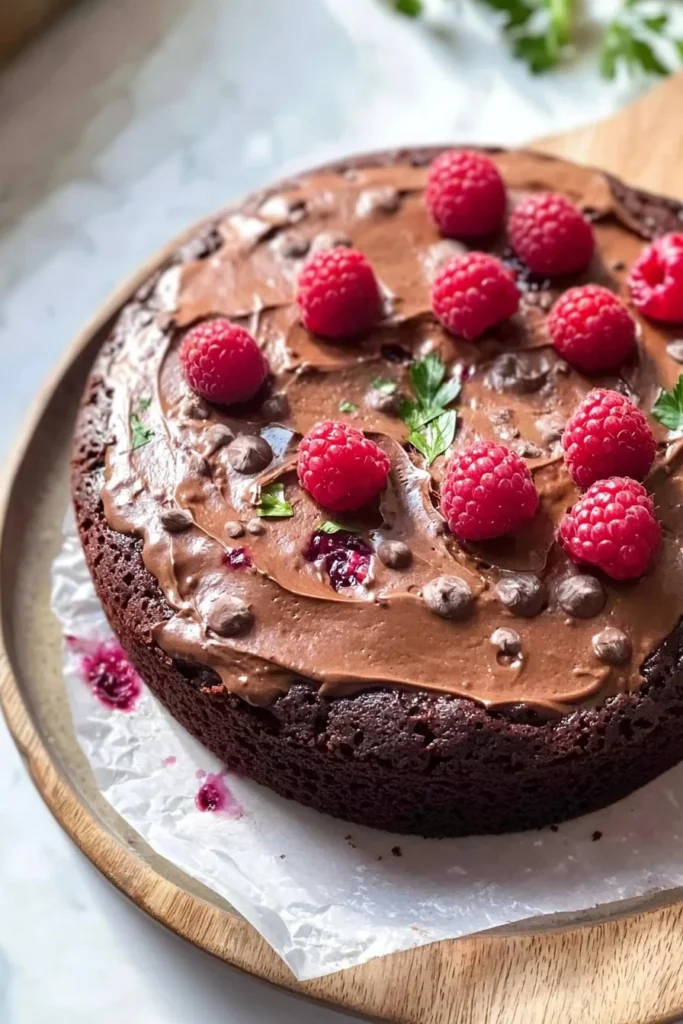 A delectable Chocolate Raspberry Cake topped with fresh raspberries and chocolate ganache.