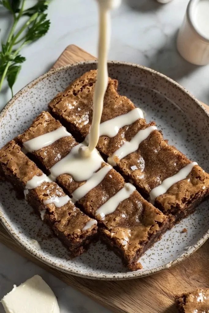 Delicious cinnamon roll blondies drizzled with icing on a white plate