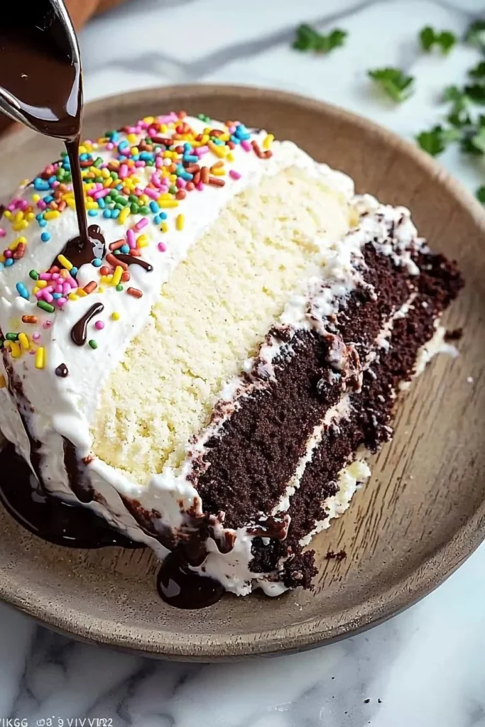 Classic ice cream cake with layers of creamy ice cream and cake