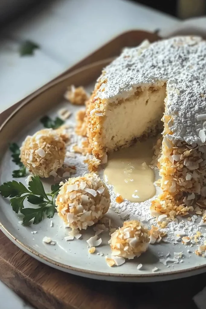 Delicious Coconut Almond Ball Cake with coconut flakes and almond garnish
