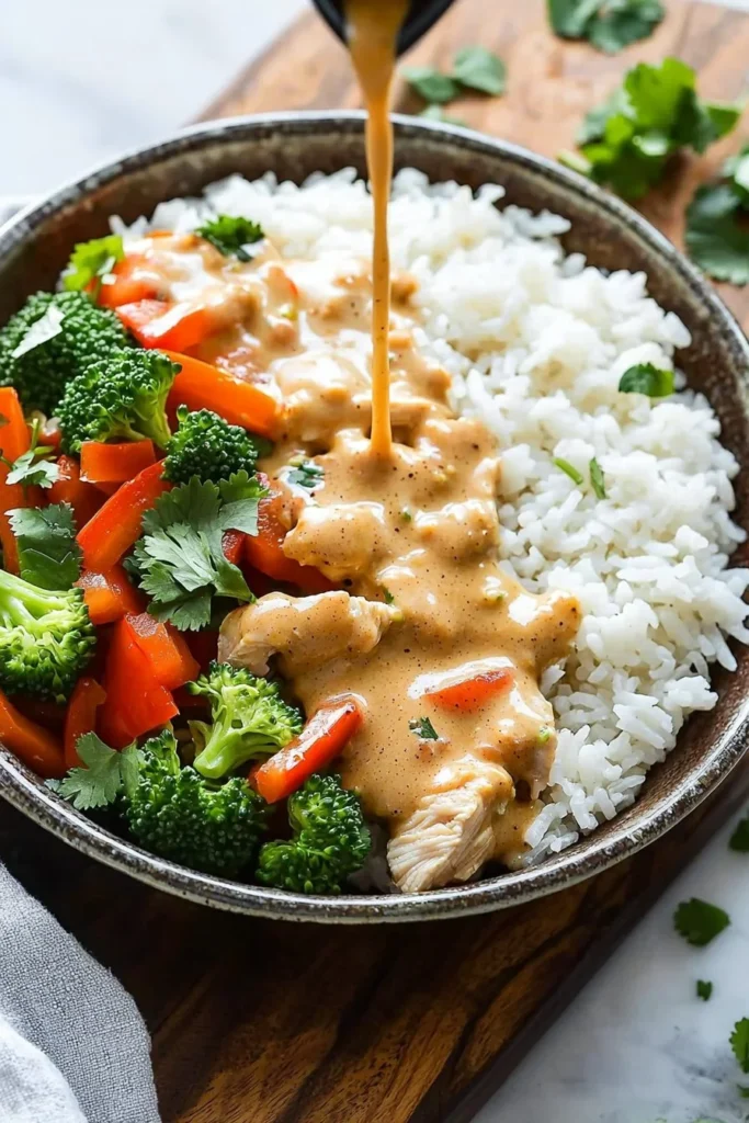 Delicious Coconut Chicken Rice Bowl garnished with fresh veggies and herbs.