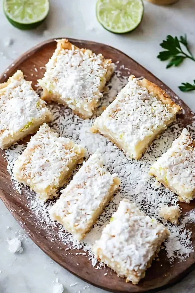 Delicious coconut lime bars topped with shredded coconut and lime zest
