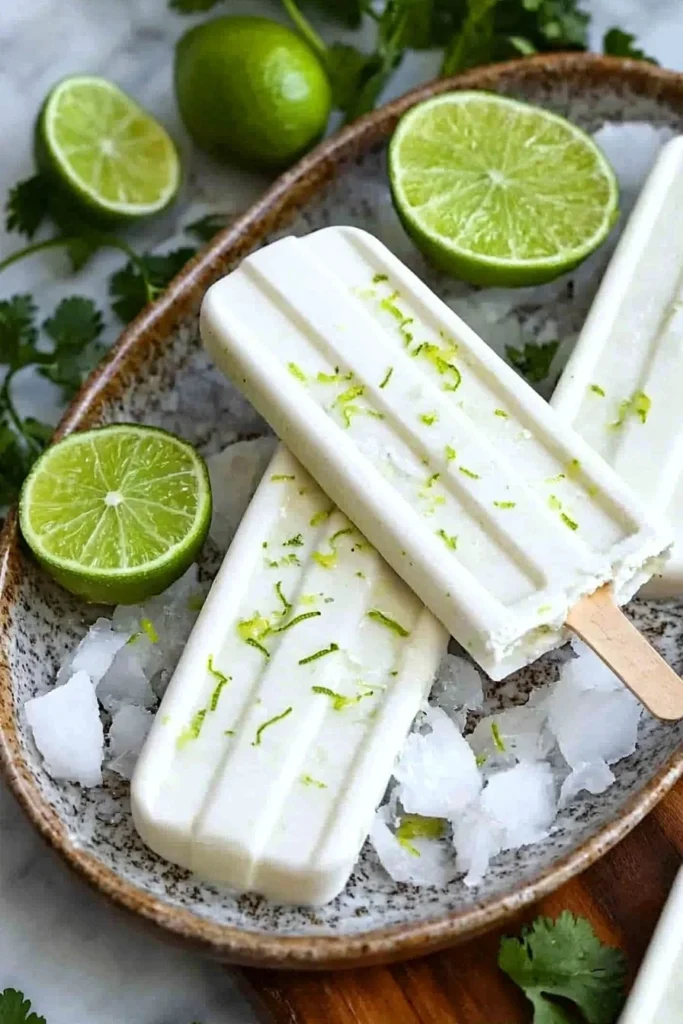 Delicious Coconut Lime Popsicles served in a colorful dish