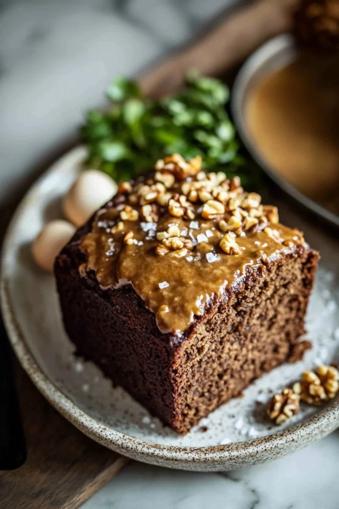 Sliced coffee and walnut loaf cake on a wooden board