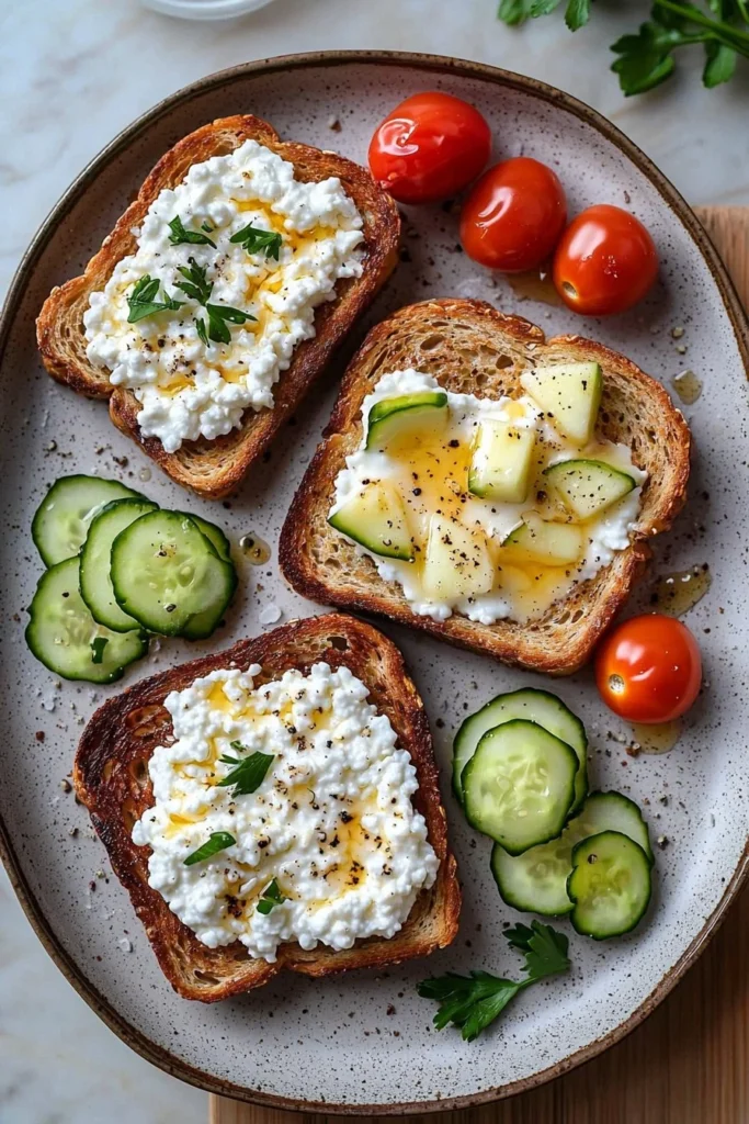Healthy cottage cheese breakfast toast topped with fruits and seeds