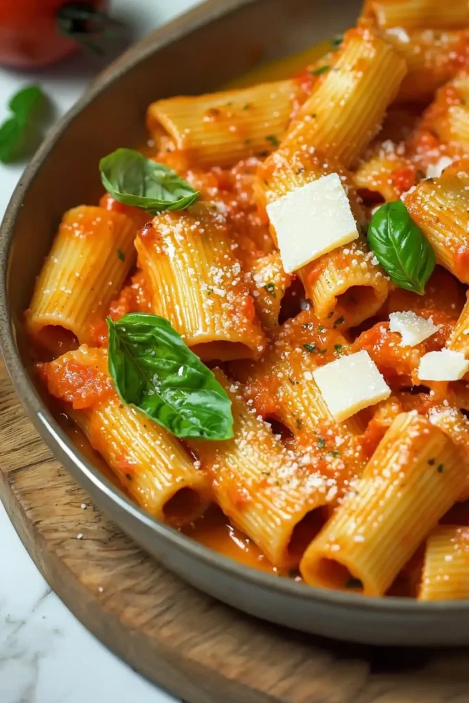 Delicious cream-free Tomato Rigatoni Pasta served in a bowl with fresh herbs.