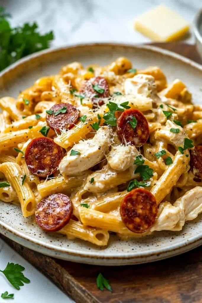 Delicious creamy chicken and beef chorizo pasta served with herbs