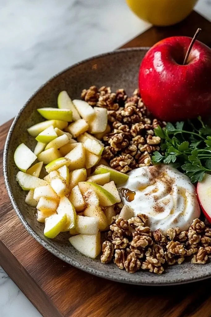 Creamy cinnamon apple walnut fruit salad served in a bowl