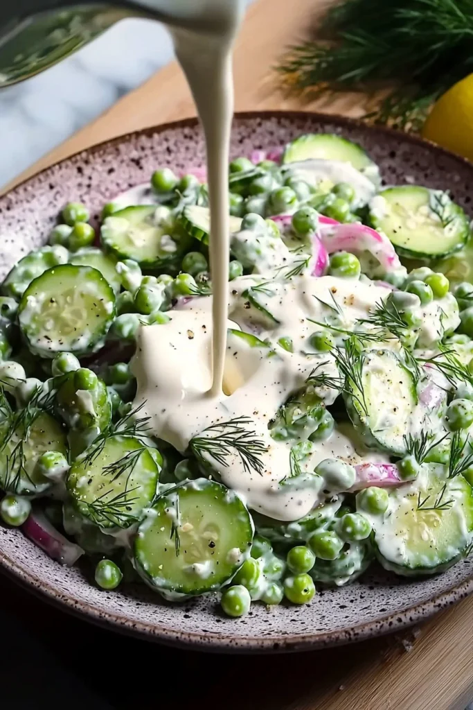 Delicious creamy cucumber pea salad served in a bowl with fresh herbs