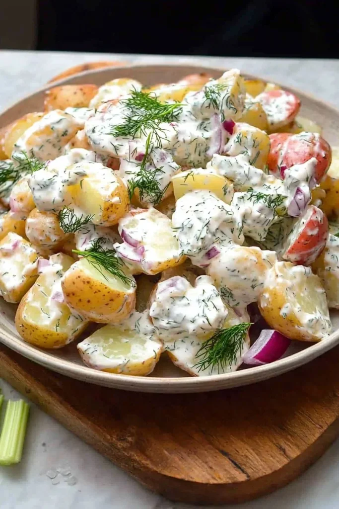 Creamy dill potato salad with fresh herbs and potatoes in a bowl.