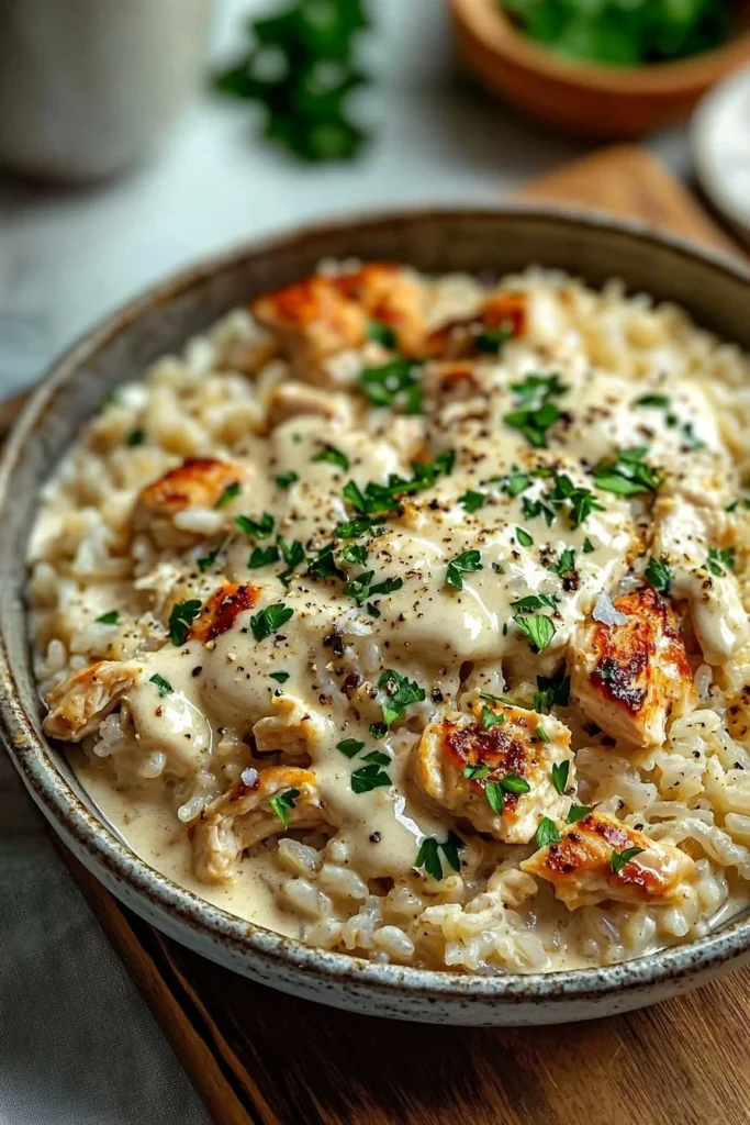 Creamy garlic chicken rice bowl with fresh herbs and rice