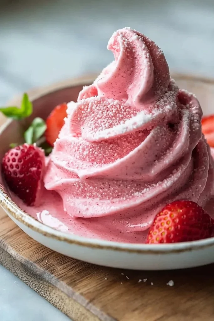 Creamy homemade strawberry dole whip served in a bowl with a fresh strawberry on top