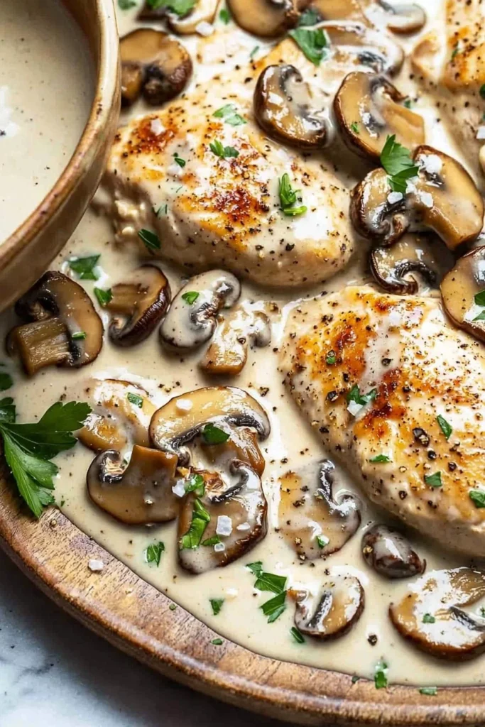 Creamy mushroom chicken dish served with herbs and spices