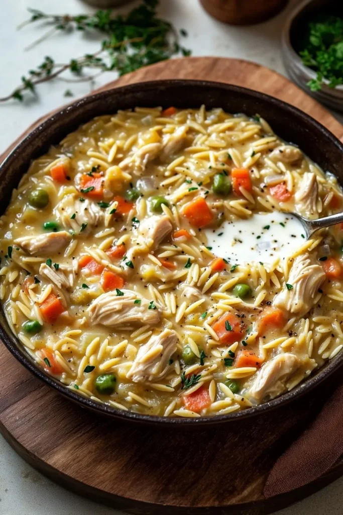 Creamy one-pot chicken pot pie orzo filled with tender chicken and vegetables