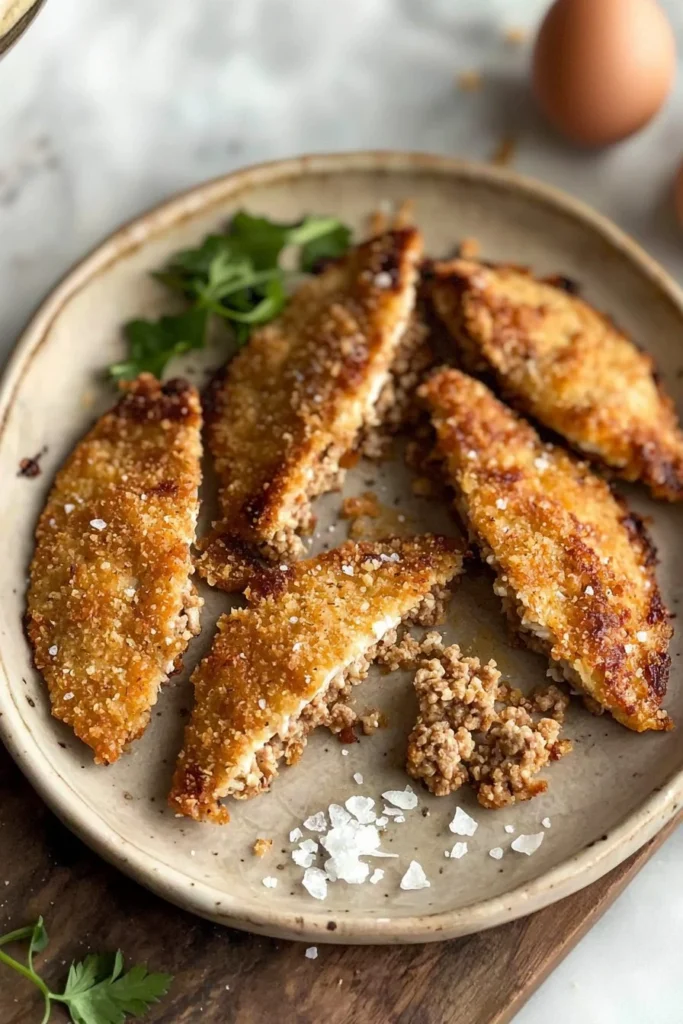 Delicious plate of crispy baked ground chicken with herbs and spices.