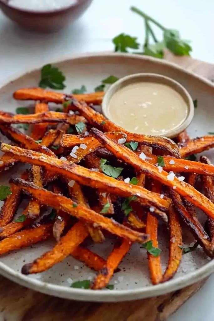 Bowl of crispy carrot fries served with dipping sauce on a wooden table