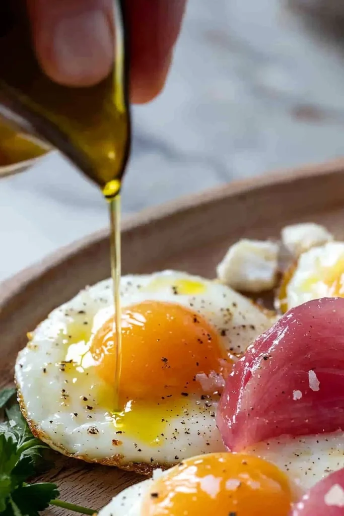 Crispy Feta Fried Eggs served on a plate with vibrant toppings