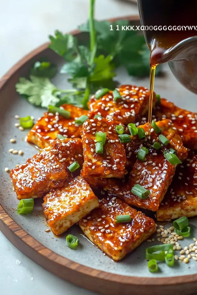 Crispy gochujang tofu served with vegetables and sauce
