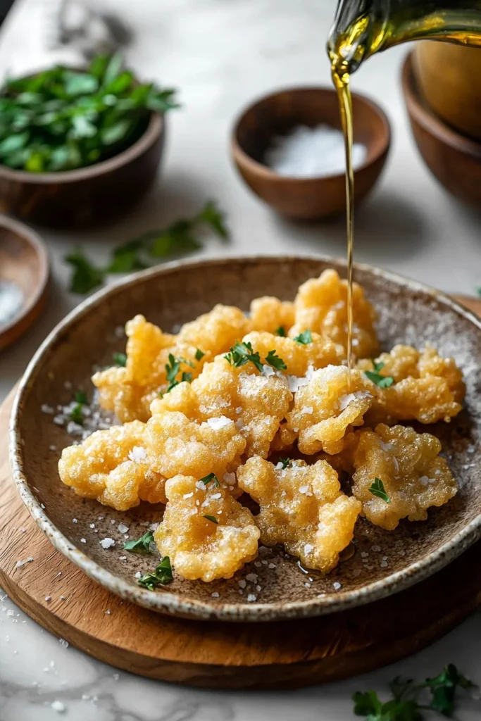 Crispy golden batter on fried food, showcasing a sparkling texture and flavor