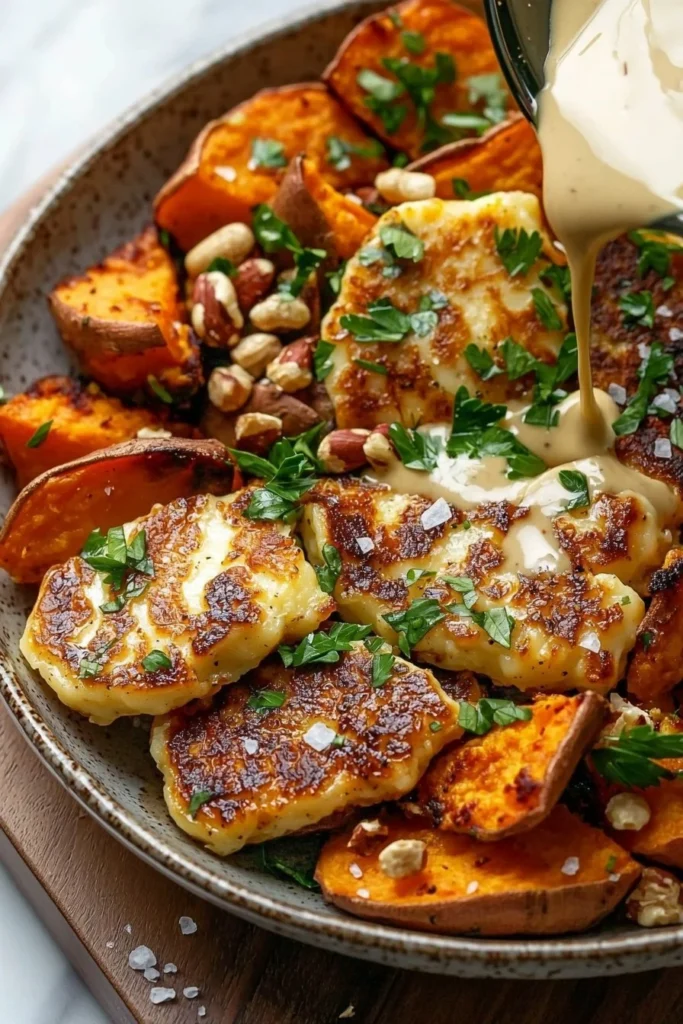 Crispy Halloumi and Roasted Sweet Potato Bowl with fresh greens and toppings.