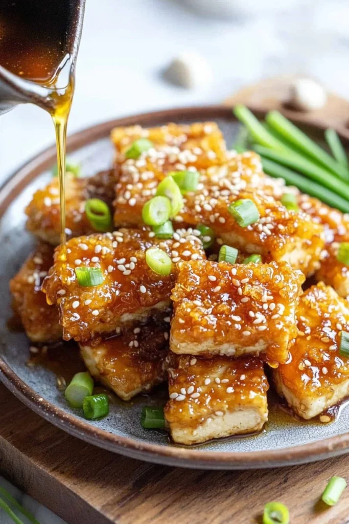 Crispy honey garlic tofu served on a plate with garnish.