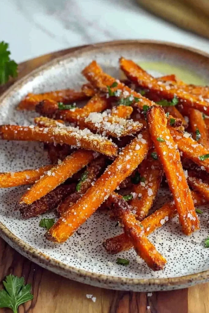 Crispy Parmesan carrot fries served on a plate with a tasty dip.