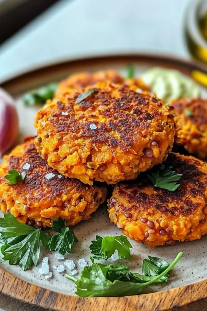 Crispy sweet potato and red lentil patties served on a plate