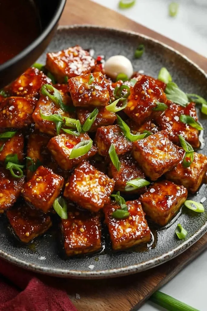 Plate of crispy Szechuan tofu garnished with green onions and red chili
