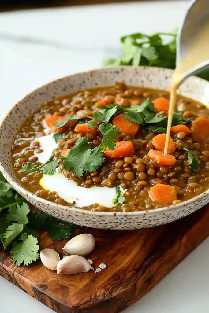 Delicious curry lentil soup garnished with herbs and spices.