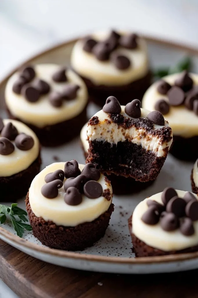 Decadent brownie bottom cheesecake bites on a white plate.