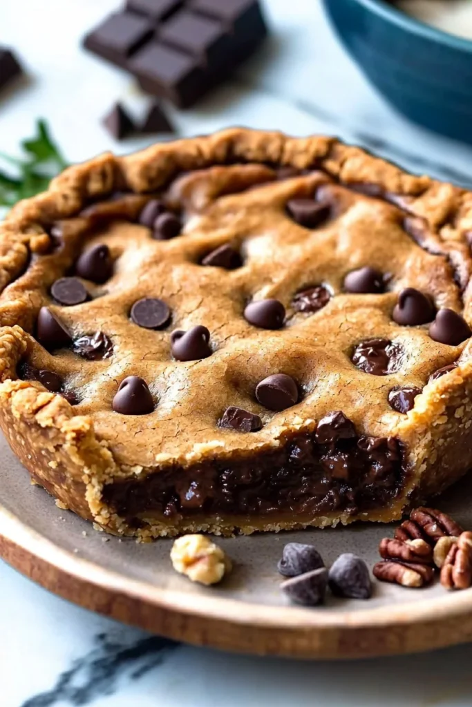 Delicious deep dish chocolate chip cookie pie with gooey chocolate chips