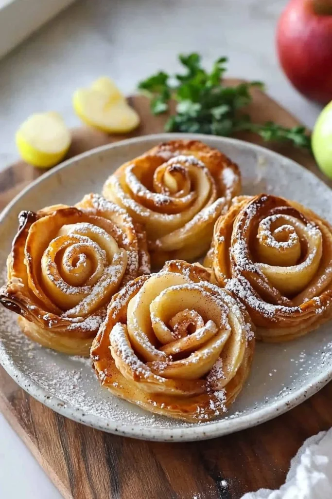 Beautiful apple rose pastry blooms arranged elegantly on a plate.