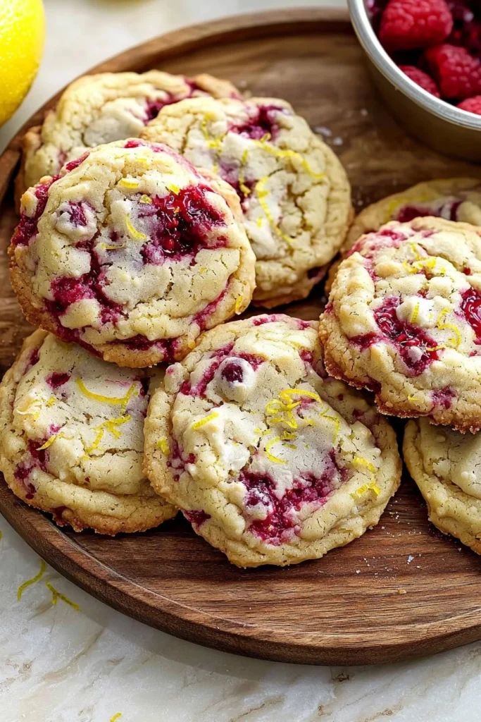 Freshly baked raspberry lemon cookies on a cooling rack