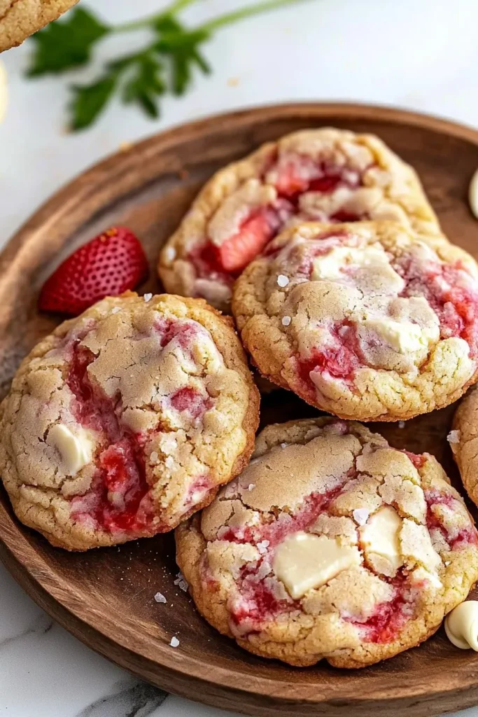 Delicious strawberry cheesecake cookies with fresh strawberries and cream cheese icing