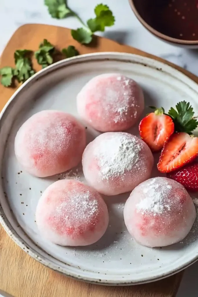 Homemade strawberry mochi topped with fresh strawberries.