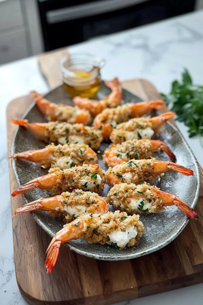 Delicious stuffed prawns served on a plate with garnishes