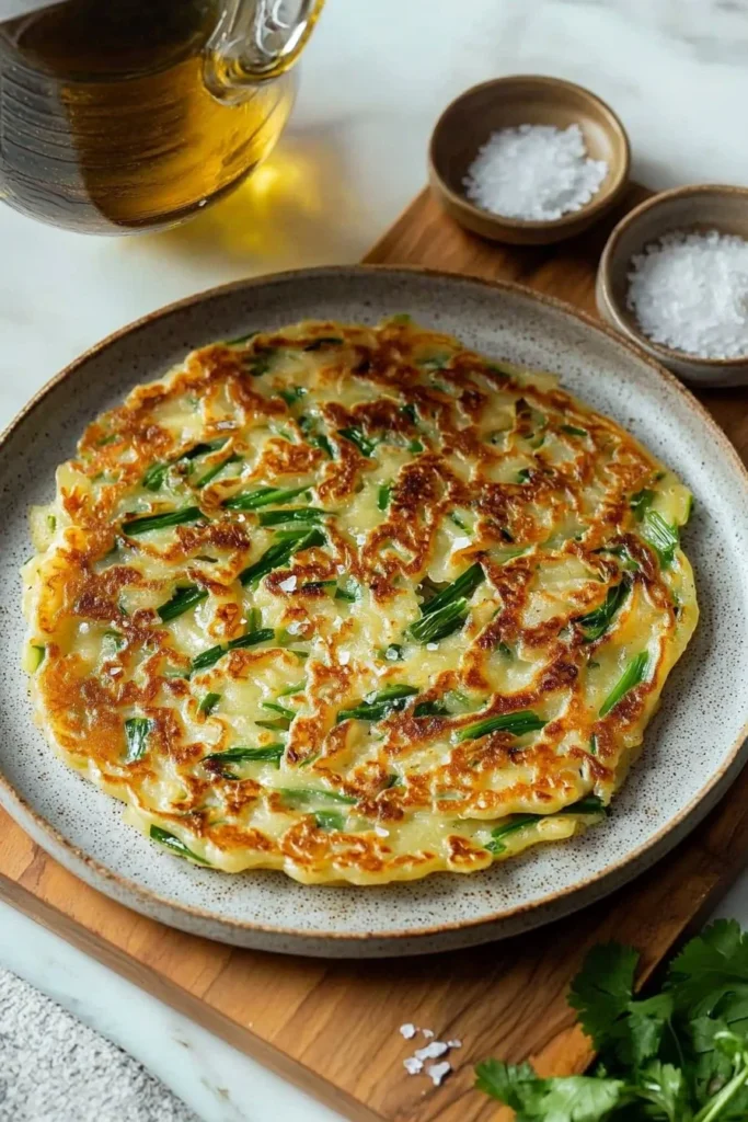 Easy Korean scallion pancake served on a plate with dipping sauce