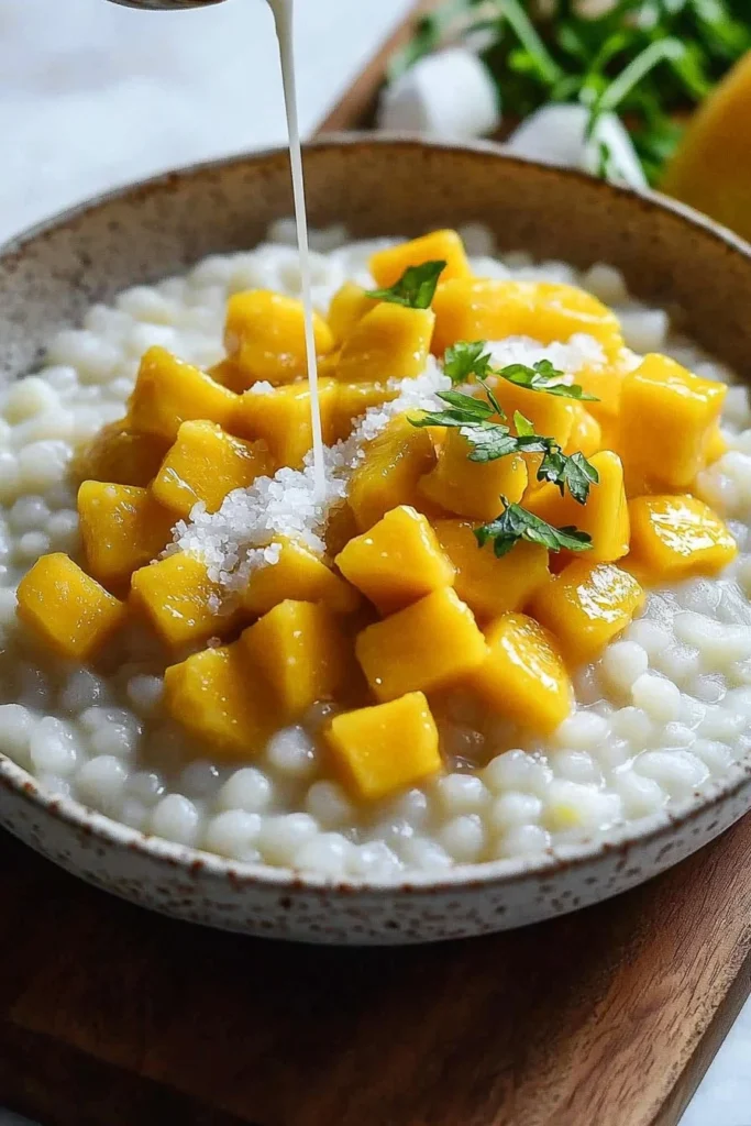 Bowl of Easy 4-ingredient Mango Sago dessert topped with fresh mango slices.