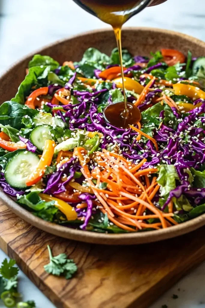Colorful Easy Asian Rainbow Salad with fresh vegetables and ingredients.